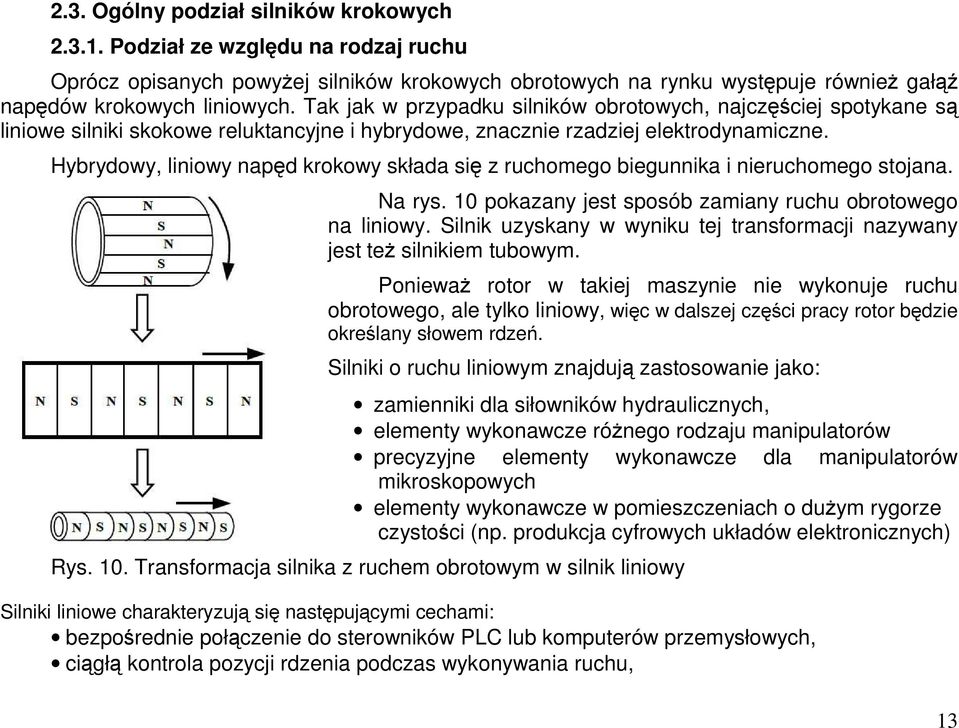 Hybrydowy, liniowy napd krokowy składa si z ruchomego biegunnika i nieruchomego stojana. Na rys. 10 pokazany jest sposób zamiany ruchu obrotowego na liniowy.