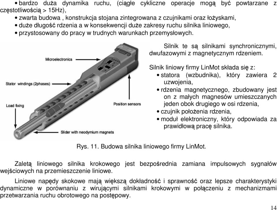 Silnik liniowy firmy LinMot składa si z: statora (wzbudnika), który zawiera 2 uzwojenia, rdzenia magnetycznego, zbudowany jest on z małych magnesów umieszczanych jeden obok drugiego w osi rdzenia,