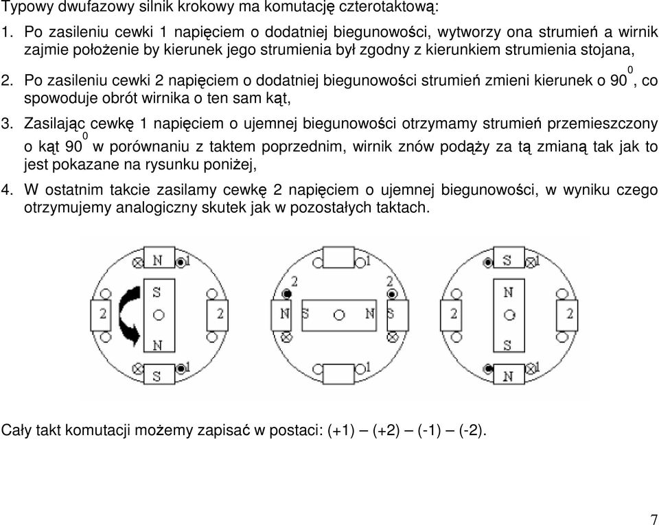 Po zasileniu cewki 2 napiciem o dodatniej biegunowoci strumie zmieni kierunek o 90 0, co spowoduje obrót wirnika o ten sam kt, 3.