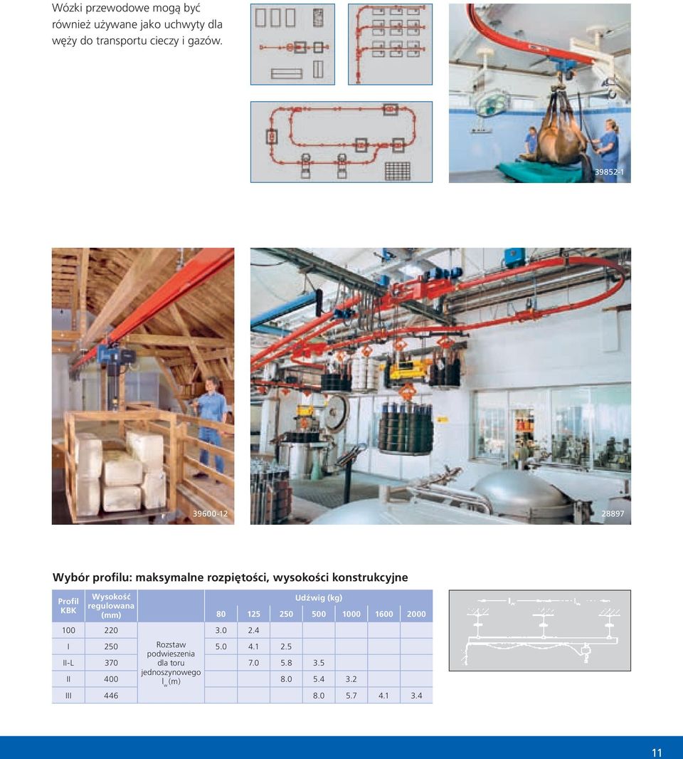 Wysokość regulowana (mm) 100 220 Udźwig (kg) 80 125 250 500 1000 1600 2000 3.0 2.4 I 250 Rozstaw podwieszenia 5.