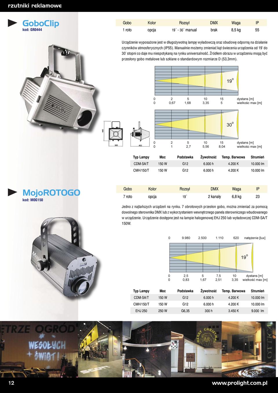 Źródłem obrazu w urządzeniu mogą być przesłony gobo metalowe lub szklane o standardowym rozmi ar ze D (53,3mm). CDM-SA/T 150 W G12 6.000 h 4.200 K 10.