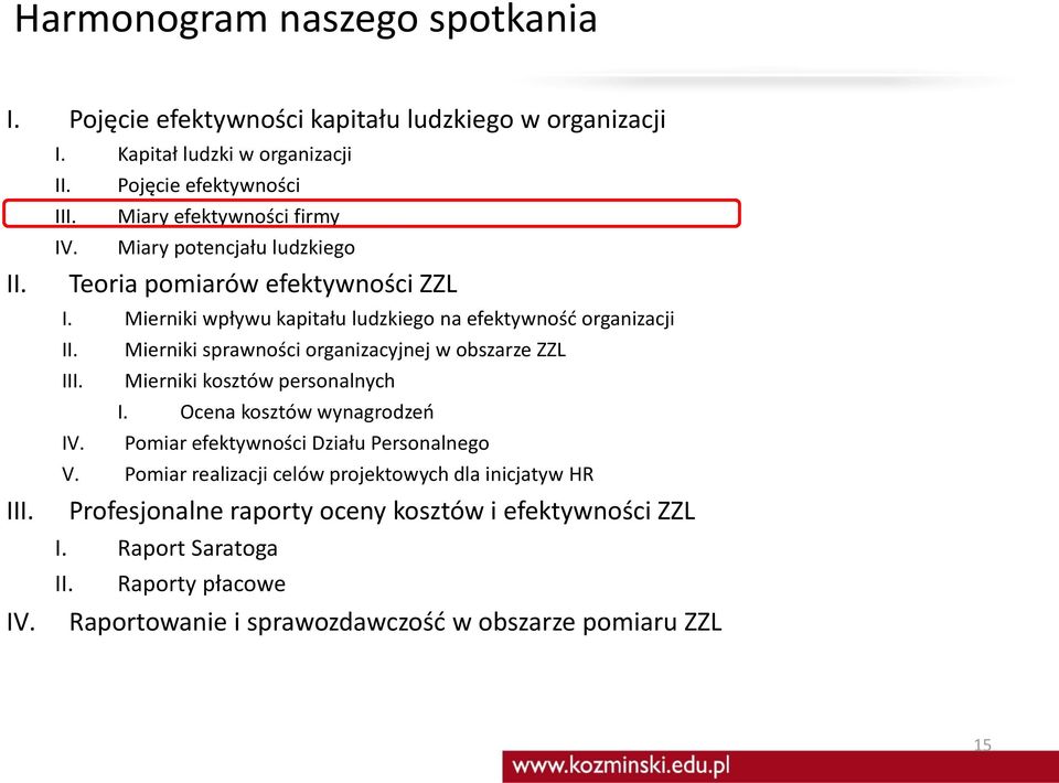 Mierniki sprawności organizacyjnej w obszarze ZZL III. Mierniki kosztów personalnych I. Ocena kosztów wynagrodzeń IV. Pomiar efektywności Działu Personalnego V.