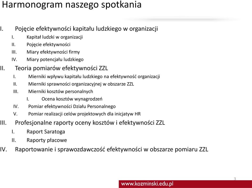 Mierniki sprawności organizacyjnej w obszarze ZZL III. Mierniki kosztów personalnych I. Ocena kosztów wynagrodzeń IV. Pomiar efektywności Działu Personalnego V.