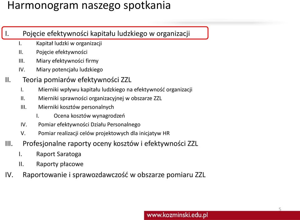 Mierniki sprawności organizacyjnej w obszarze ZZL III. Mierniki kosztów personalnych I. Ocena kosztów wynagrodzeń IV. Pomiar efektywności Działu Personalnego V.