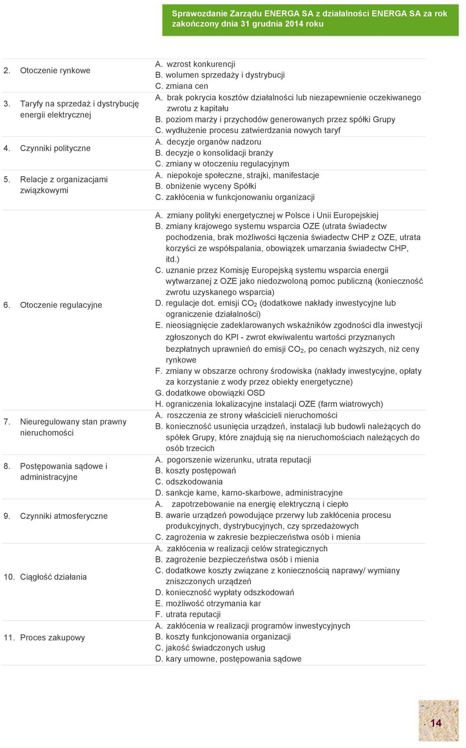 wolumen sprzedaży i dystrybucji C. zmiana cen A. brak pokrycia kosztów działalności lub niezapewnienie oczekiwanego zwrotu z kapitału B. poziom marży i przychodów generowanych przez spółki Grupy C.