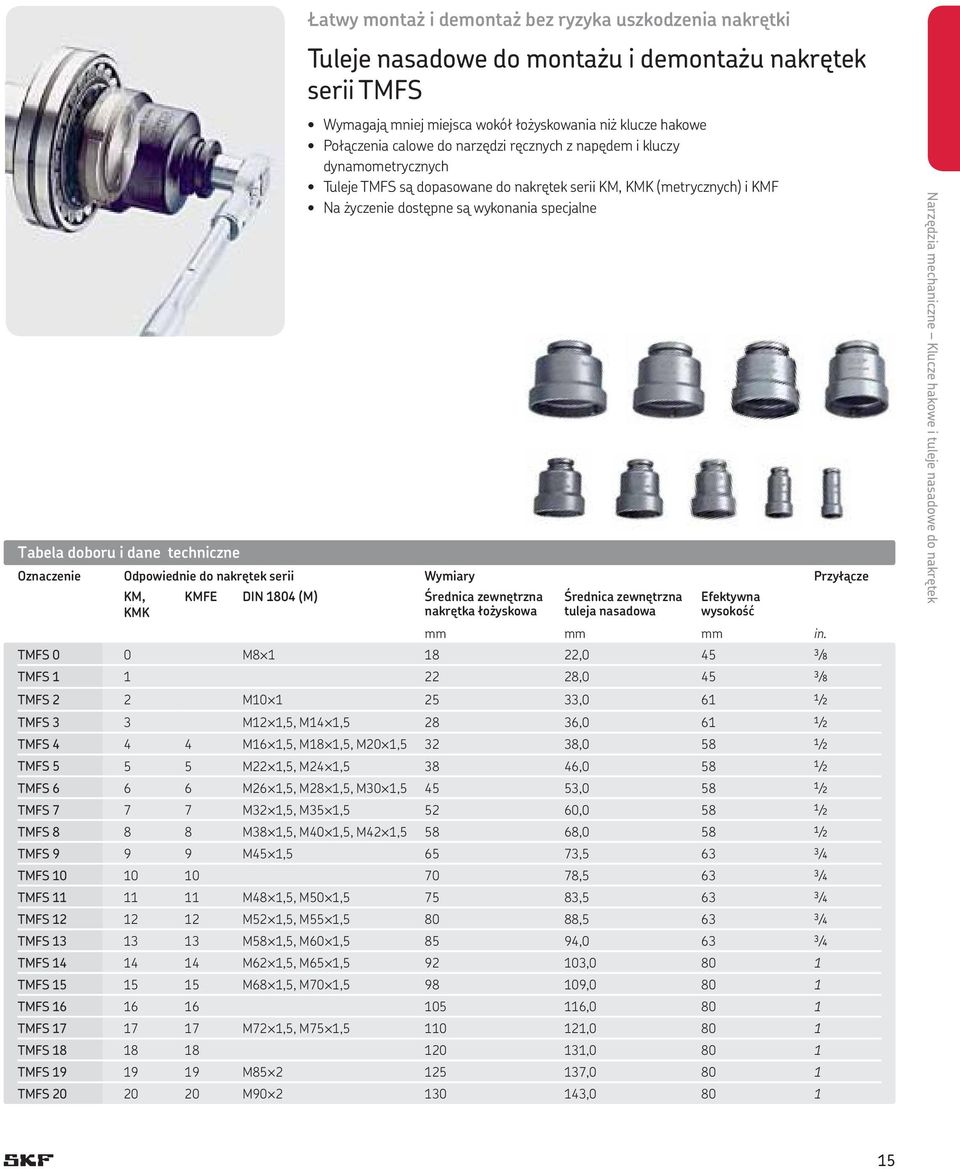 techniczne Oznaczenie Odpowiednie do nakrętek serii Wymiary Przyłącze KM, KMK KMFE DIN 1804 (M) Średnica zewnętrzna nakrętka łożyskowa Średnica zewnętrzna tuleja nasadowa Efektywna wysokość mm mm mm