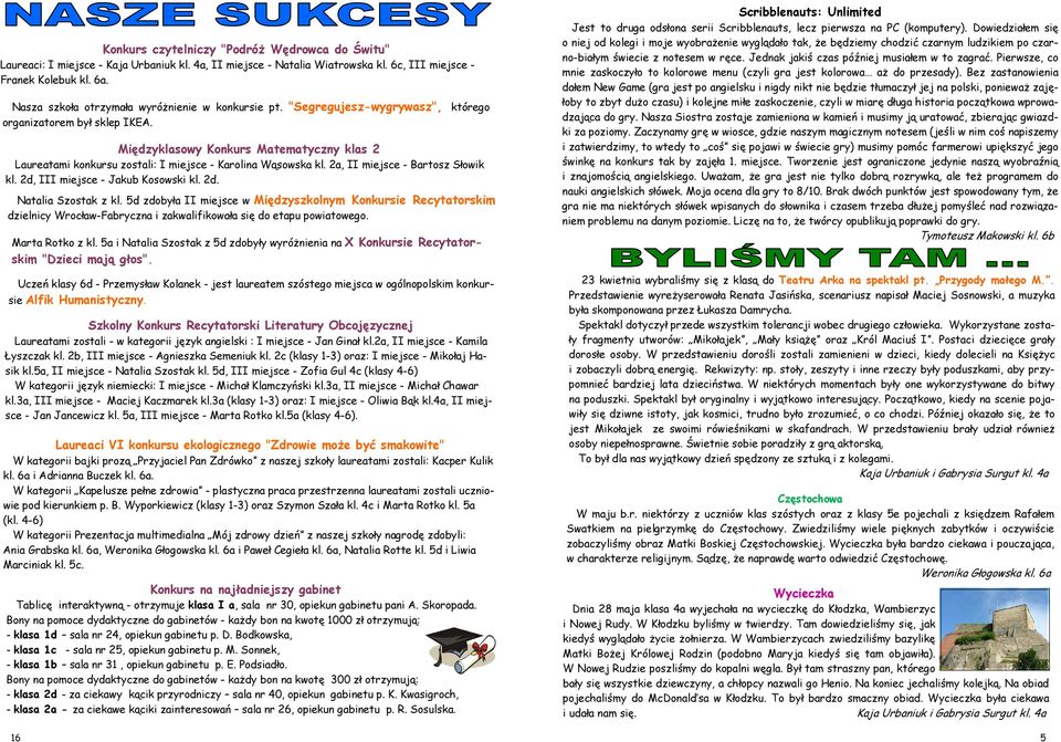 Międzyklasowy Konkurs Matematyczny klas Laureatami konkursu zostali: I miejsce - Karolina Wąsowska kl. a, II miejsce - Bartosz Słowik kl. d, III miejsce - Jakub Kosowski kl. d. Natalia Szostak z kl.