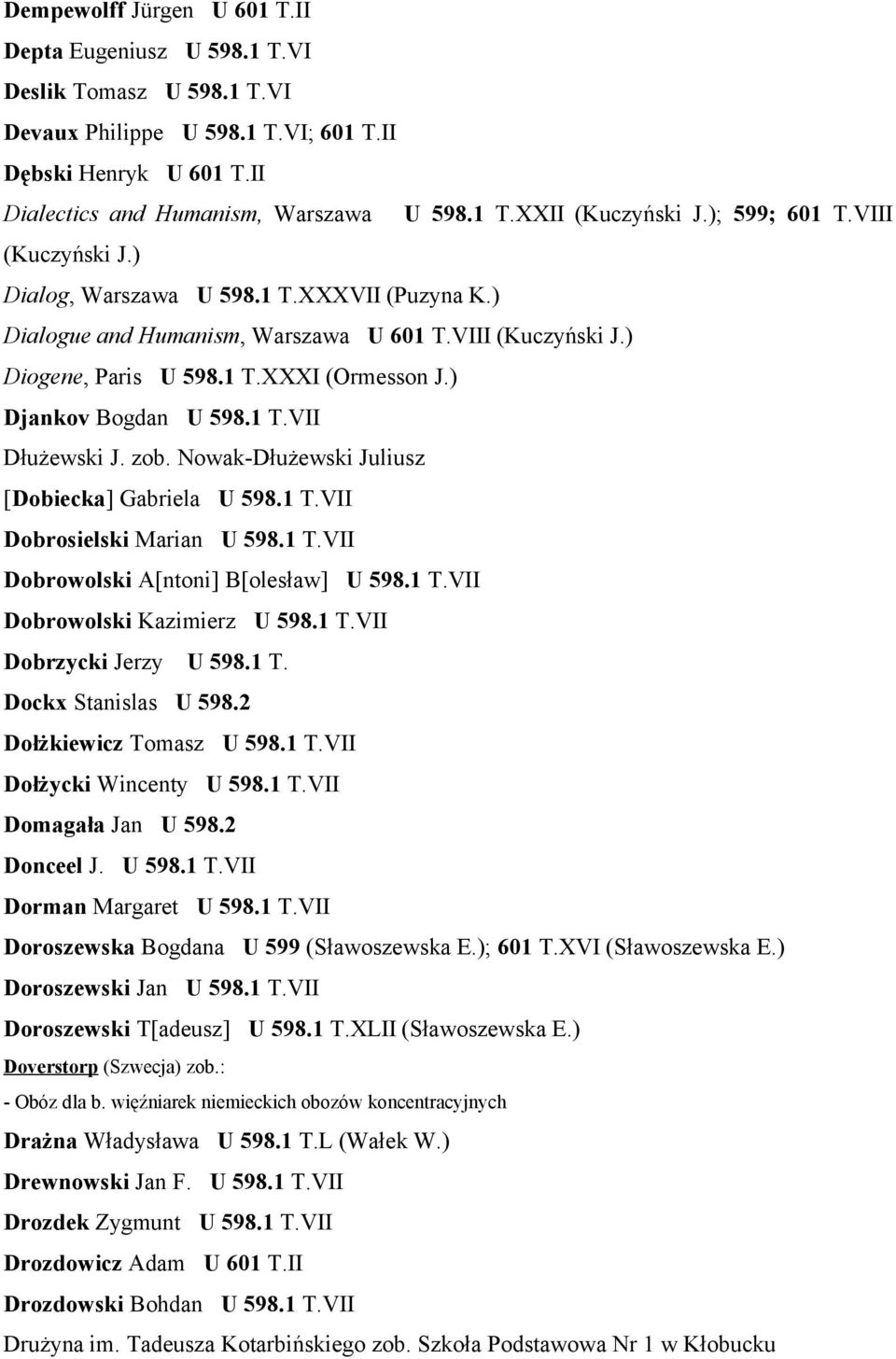 ) Djankov Bogdan U 598.1 T.VII Dłużewski J. zob. Nowak-Dłużewski Juliusz [Dobiecka] Gabriela U 598.1 T.VII Dobrosielski Marian U 598.1 T.VII Dobrowolski A[ntoni] B[olesław] U 598.1 T.VII Dobrowolski Kazimierz U 598.