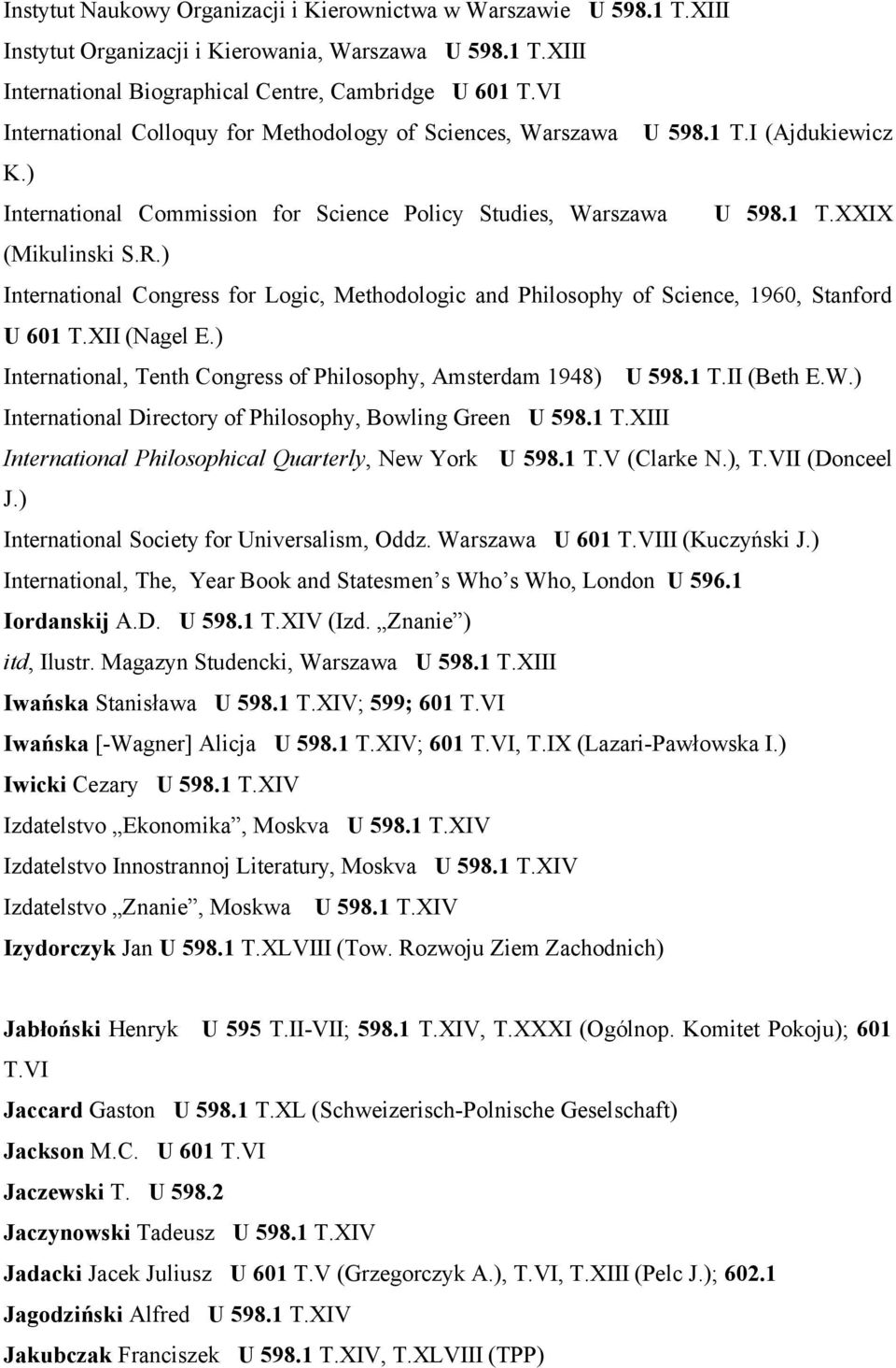 ) International Congress for Logic, Methodologic and Philosophy of Science, 1960, Stanford U 601 T.XII (Nagel E.) International, Tenth Congress of Philosophy, Amsterdam 1948) U 598.1 T.II (Beth E.W.