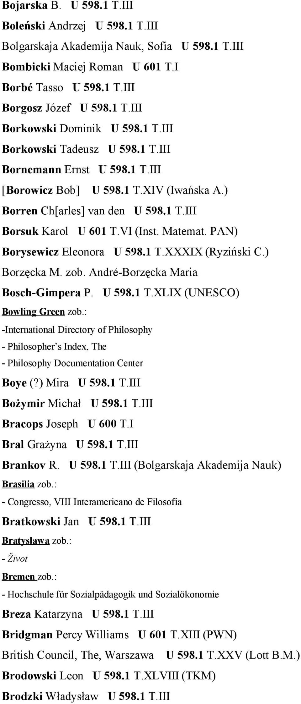 PAN) Borysewicz Eleonora U 598.1 T.XXXIX (Ryziński C.) Borzęcka M. zob. André-Borzęcka Maria Bosch-Gimpera P. U 598.1 T.XLIX (UNESCO) Bowling Green zob.