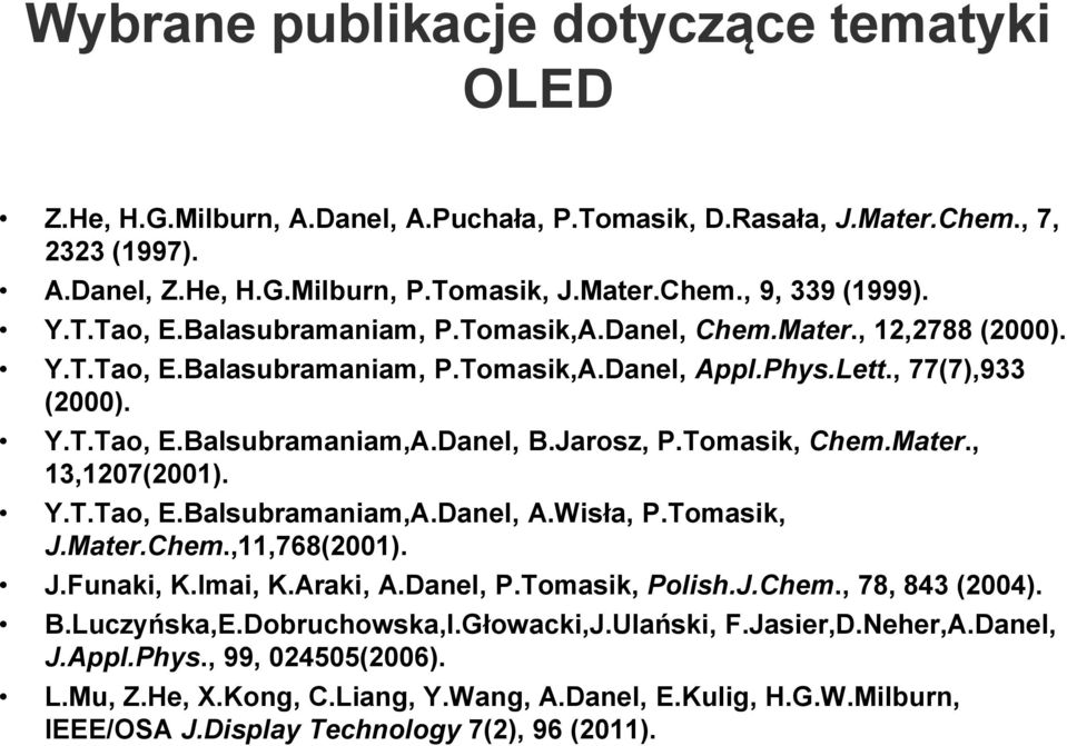 Jarosz, P.Tomasik, Chem.Mater., 13,1207(2001). Y.T.Tao, E.Balsubramaniam,A.Danel, A.Wisła, P.Tomasik, J.Mater.Chem.,11,768(2001). J.Funaki, K.Imai, K.Araki, A.Danel, P.Tomasik, Polish.J.Chem., 78, 843 (2004).