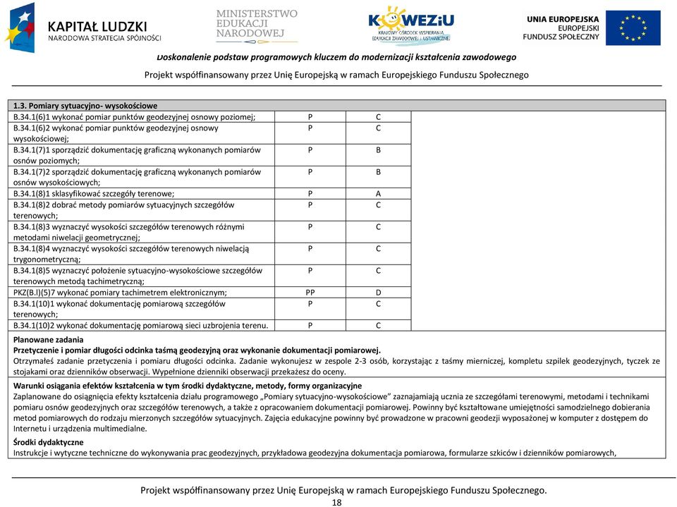 34.1(8)2 dobrać metody pomiarów sytuacyjnych szczegółów terenowych; B.34.1(8)3 wyznaczyć wysokości szczegółów terenowych różnymi metodami niwelacji geometrycznej; B.34.1(8)4 wyznaczyć wysokości szczegółów terenowych niwelacją trygonometryczną; B.