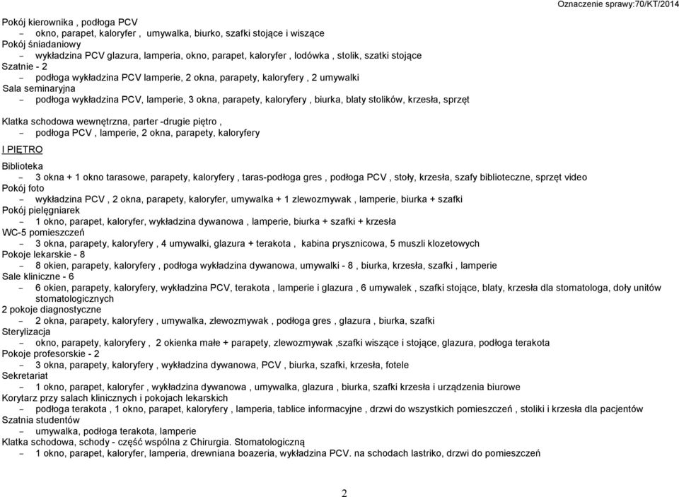 stolików, krzesła, sprzęt Klatka schodowa wewnętrzna, parter -drugie piętro, podłoga PCV, lamperie, 2 okna, parapety, kaloryfery I PIĘTRO Biblioteka 3 okna + 1 okno tarasowe, parapety, kaloryfery,