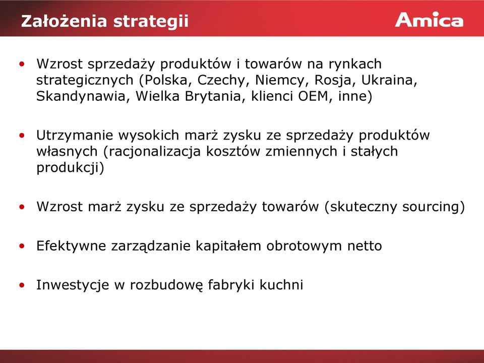 produktów własnych (racjonalizacja kosztów zmiennych i stałych produkcji) Wzrost marż zysku ze sprzedaży