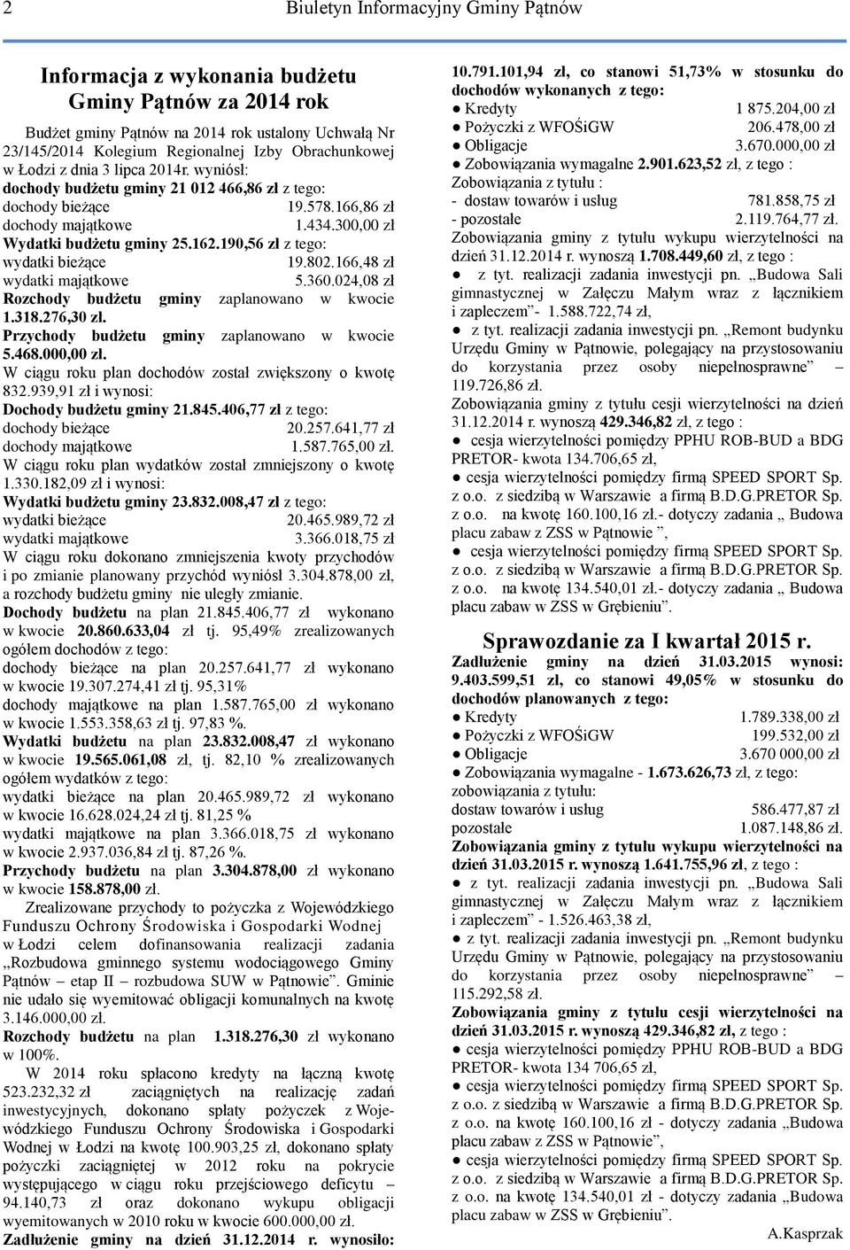 190,56 zł z tego: wydatki bieżące 19.802.166,48 zł wydatki majątkowe 5.360.024,08 zł Rozchody budżetu gminy zaplanowano w kwocie 1.318.276,30 zł. Przychody budżetu gminy zaplanowano w kwocie 5.468.