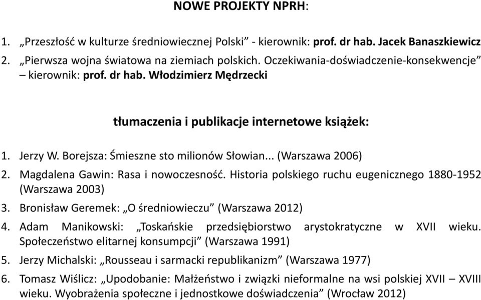 .. (Warszawa 2006) 2. Magdalena Gawin: Rasa i nowoczesność. Historia polskiego ruchu eugenicznego 1880-1952 (Warszawa 2003) 3. Bronisław Geremek: O średniowieczu (Warszawa 2012) 4.