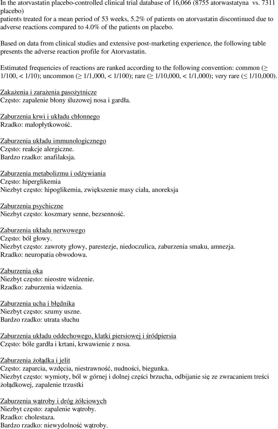 Based on data from clinical studies and extensive post-marketing experience, the following table presents the adverse reaction profile for Atorvastatin.