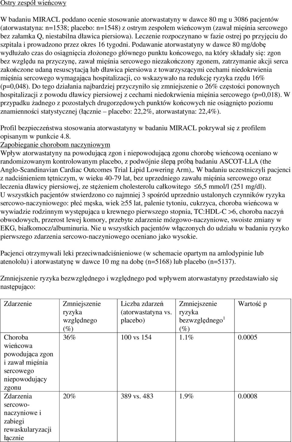 Podawanie atorwastatyny w dawce 80 mg/dobę wydłużało czas do osiągnięcia złożonego głównego punktu końcowego, na który składały się: zgon bez względu na przyczynę, zawał mięśnia sercowego