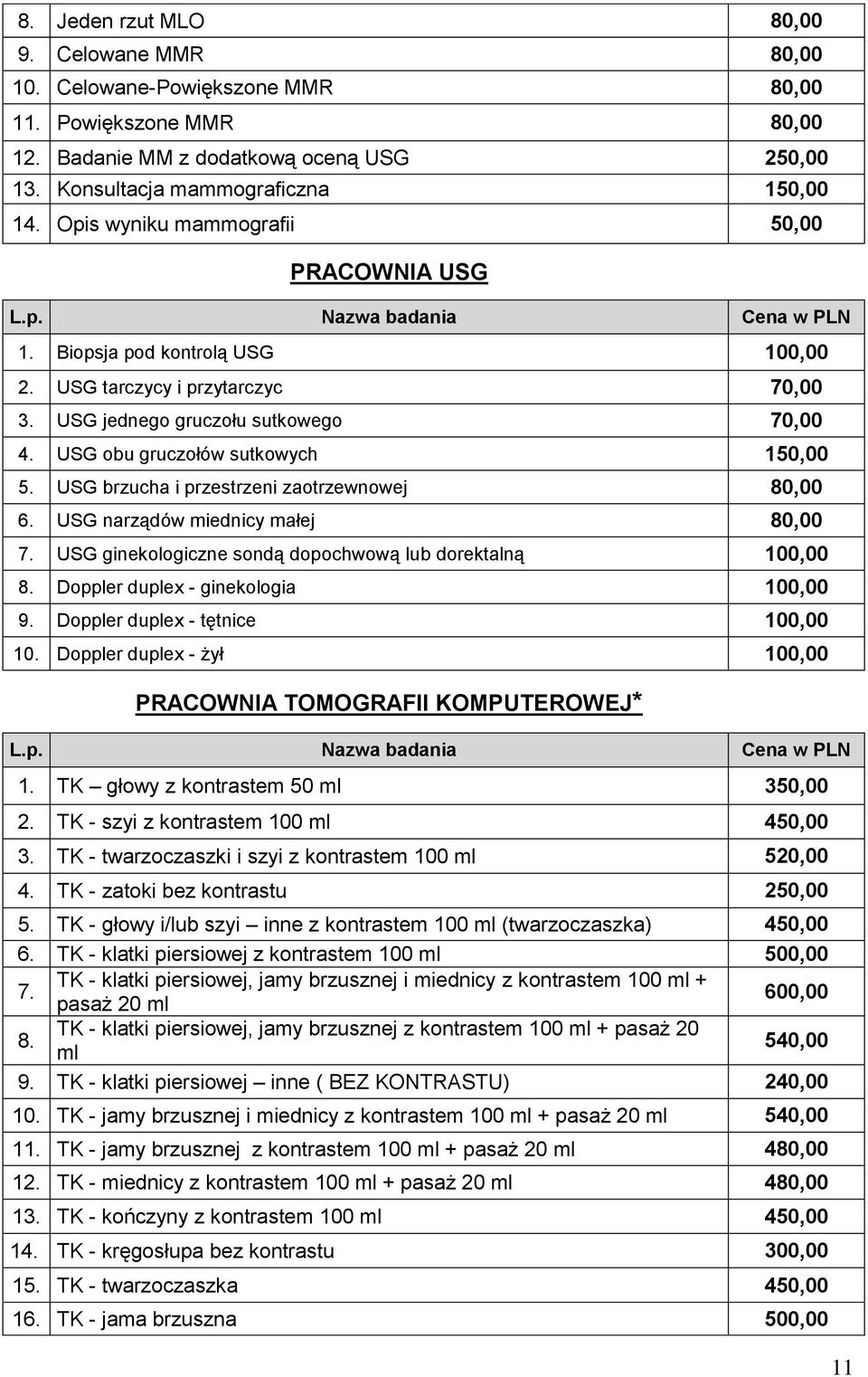 USG brzucha i przestrzeni zaotrzewnowej 80,00 6. USG narządów miednicy małej 80,00 7. USG ginekologiczne sondą dopochwową lub dorektalną 100,00 8. Doppler duplex - ginekologia 100,00 9.