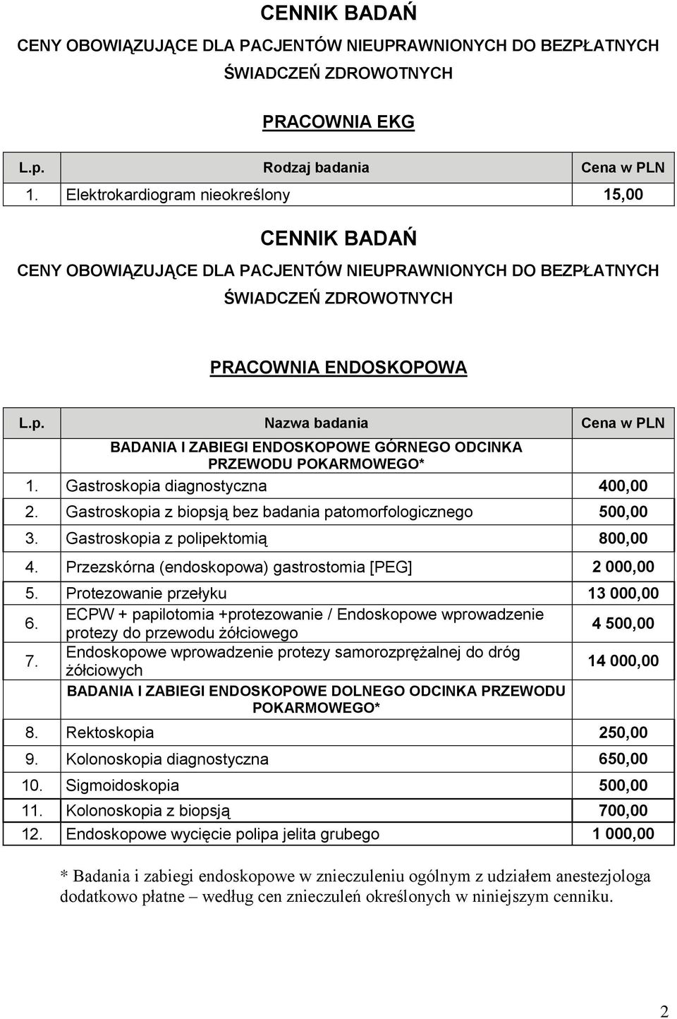 Gastroskopia z biopsją bez badania patomorfologicznego 500,00 3. Gastroskopia z polipektomią 800,00 4. Przezskórna (endoskopowa) gastrostomia [PEG] 2 000,00 5. Protezowanie przełyku 13 000,00 6.