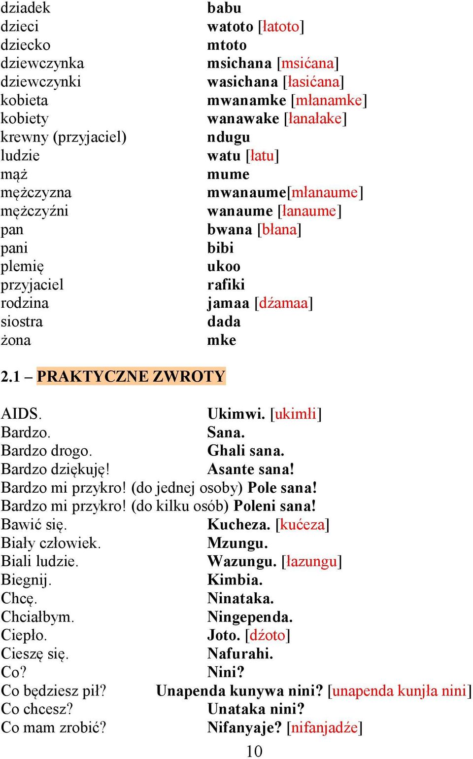 1 PRAKTYCZNE ZWROTY AIDS. Ukimwi. [ukimłi] Bardzo. Sana. Bardzo drogo. Ghali sana. Bardzo dziękuję! Asante sana! Bardzo mi przykro! (do jednej osoby) Pole sana! Bardzo mi przykro! (do kilku osób) Poleni sana!