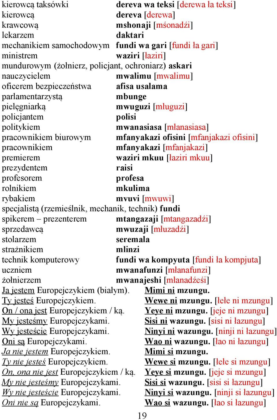 polisi politykiem mwanasiasa [młanasiasa] pracownikiem biurowym mfanyakazi ofisini [mfanjakazi ofisini] pracownikiem mfanyakazi [mfanjakazi] premierem waziri mkuu [łaziri mkuu] prezydentem raisi