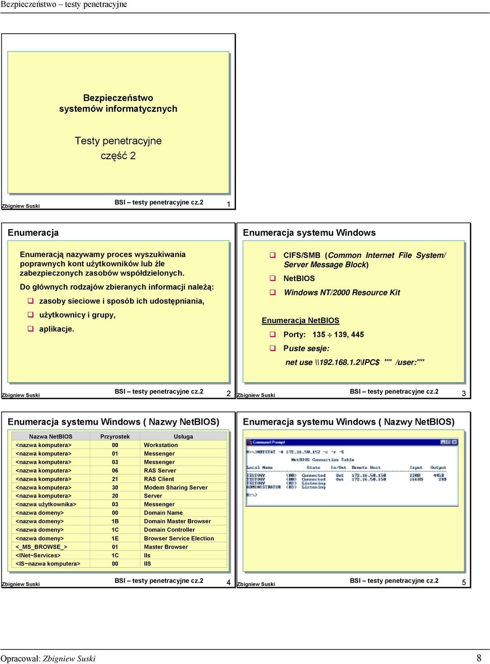 ! CIFS/SMB (Common Internet File System/ Server Message Block)! NetBIOS! Windows NT/2000 Resource Kit Enumeracja NetBIOS! Porty: 13