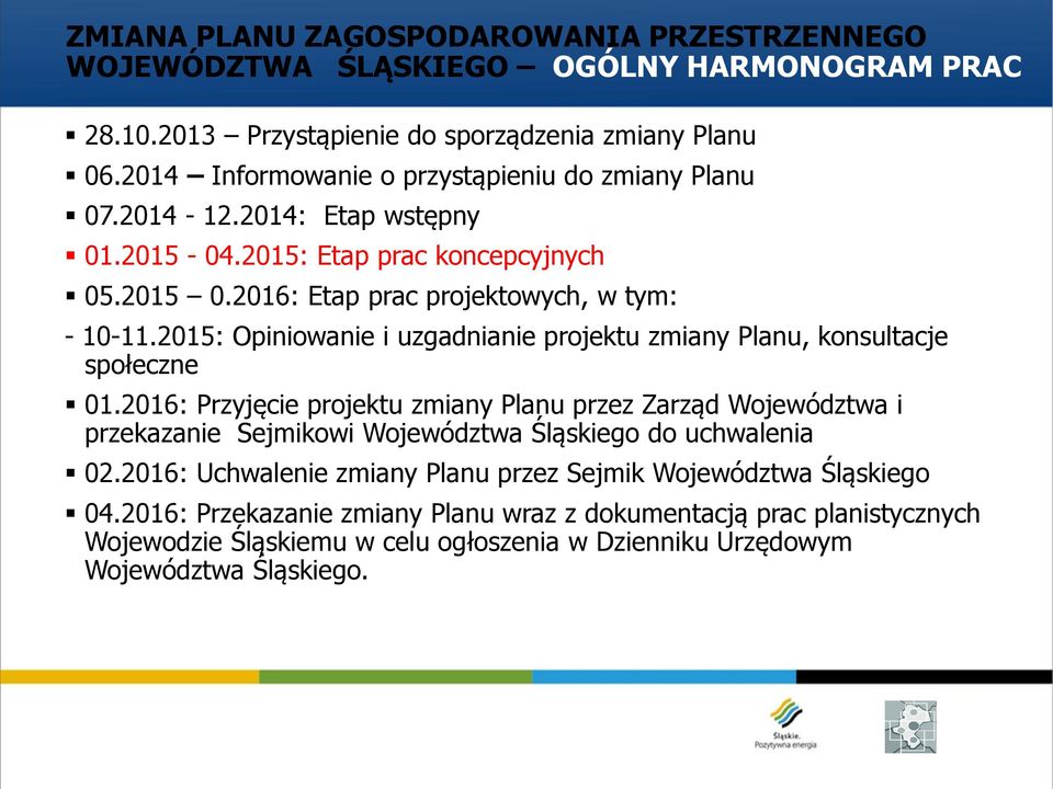 2015: Opiniowanie i uzgadnianie projektu zmiany Planu, konsultacje społeczne 01.