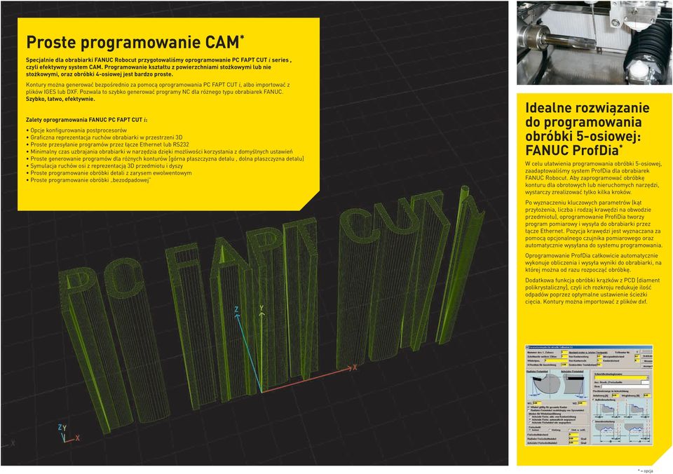 Kontury można generować bezpośrednio za pomocą oprogramowania PC FAPT CUT i, albo importować z plików IGES lub DXF. Pozwala to szybko generować programy NC dla różnego typu obrabiarek FANUC.