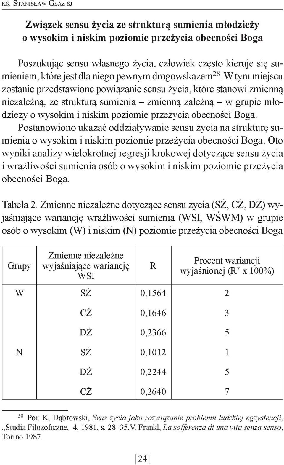 W tym miejscu zostanie przedstawione powiązanie sensu życia, które stanowi zmienną niezależną, ze strukturą sumienia zmienną zależną w grupie młodzieży o wysokim i niskim poziomie przeżycia obecności