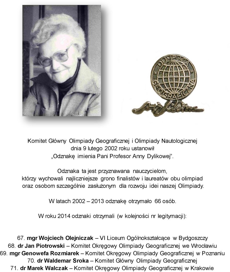W latach 2002 2013 odznakę otrzymało 66 osób. W roku 2014 odznaki otrzymali (w kolejności nr legitymacji): 67. mgr Wojciech Olejniczak VI Liceum Ogólnokształcące w Bydgoszczy 68.