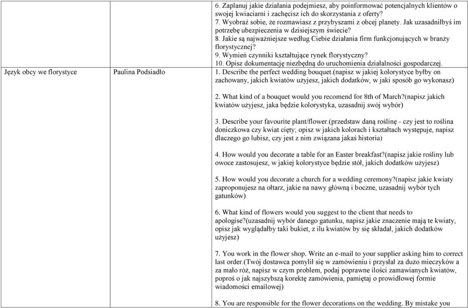 Jakie są najważniejsze według Ciebie działania firm funkcjonujących w branży florystycznej? 9. Wymień czynniki kształtujące rynek florystyczny? 10.