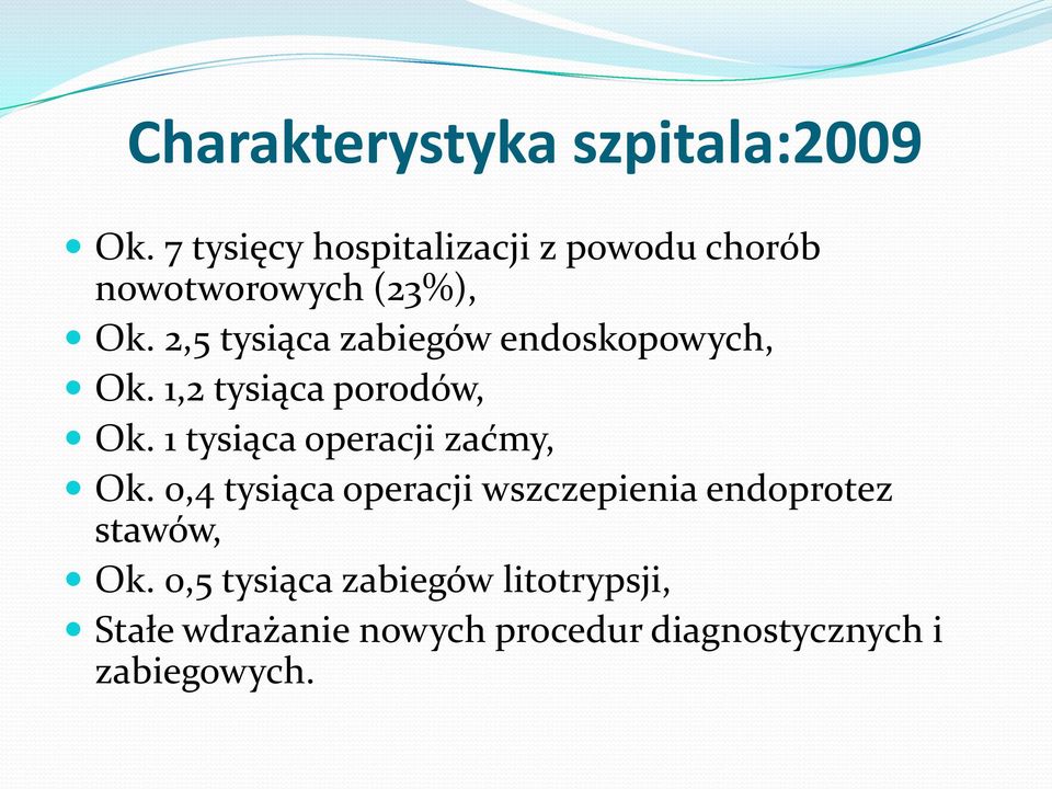 2,5 tysiąca zabiegów endoskopowych, Ok. 1,2 tysiąca porodów, Ok.