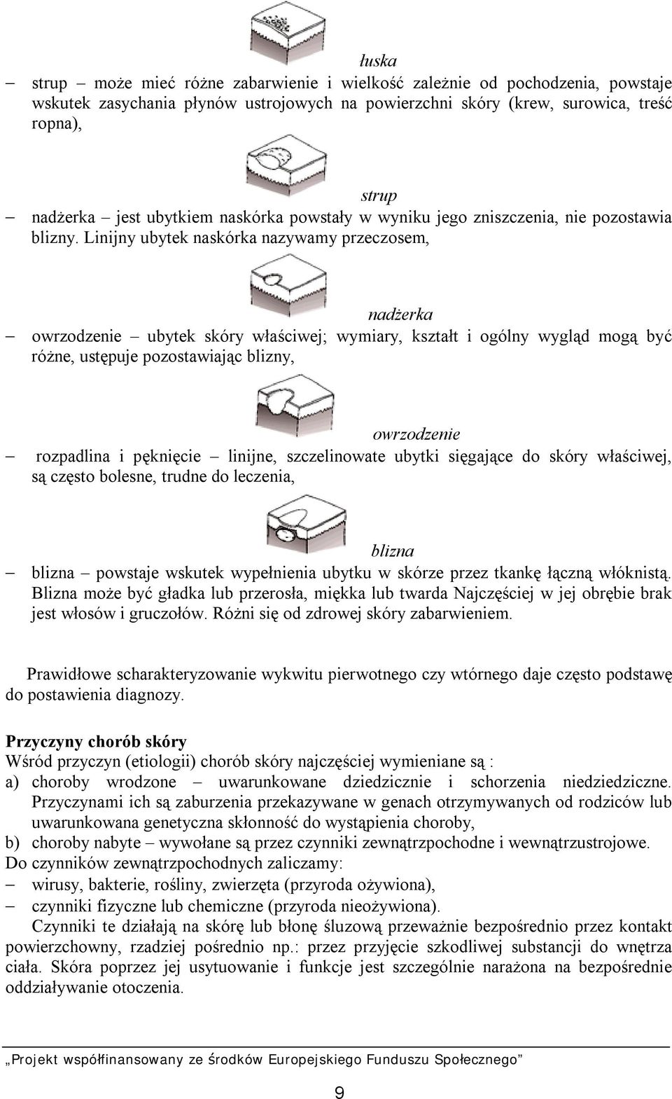 Linijny ubytek naskórka nazywamy przeczosem, nadżerka owrzodzenie ubytek skóry właściwej; wymiary, kształt i ogólny wygląd mogą być różne, ustępuje pozostawiając blizny, owrzodzenie rozpadlina i