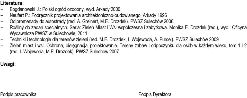 PWSZ Sulechów 2008 - Rośliny do zadań specjalnych. Seria: Zieleń Miast i Wsi współczesna i zabytkowa. Monika E. Drozdek (red.), wyd.