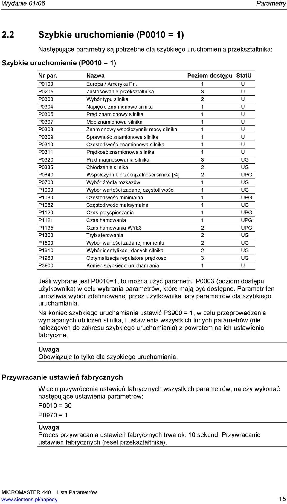 U P5 Zastosowanie przekształtnika U P Wybór typu silnika U P4 Napięcie znamionowe silnika U P5 Prąd znamionowy silnika U P7 Moc znamionowa silnika U P8 Znamionowy współczynnik mocy silnika U P9