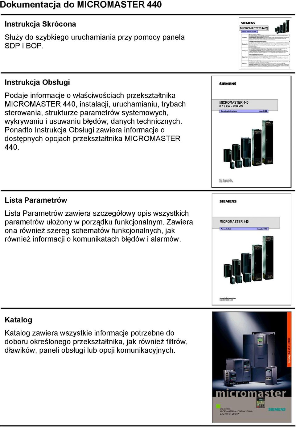 danych technicznych. Ponadto Instrukcja Obsługi zawiera informacje o dostępnych opcjach przekształtnika MICROMASTER 44.