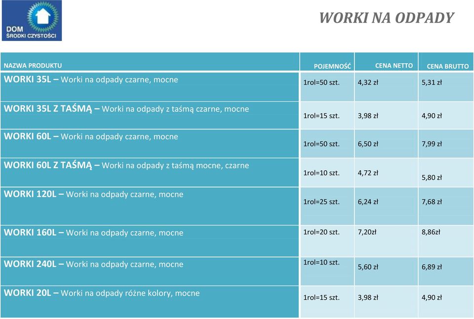 6,50 zł 7,99 zł WORKI 60L Z TAŚMĄ Worki na odpady z taśmą mocne, czarne 1rol=10 szt. 4,72 zł 5,80 zł WORKI 120L Worki na odpady czarne, mocne 1rol=25 szt.