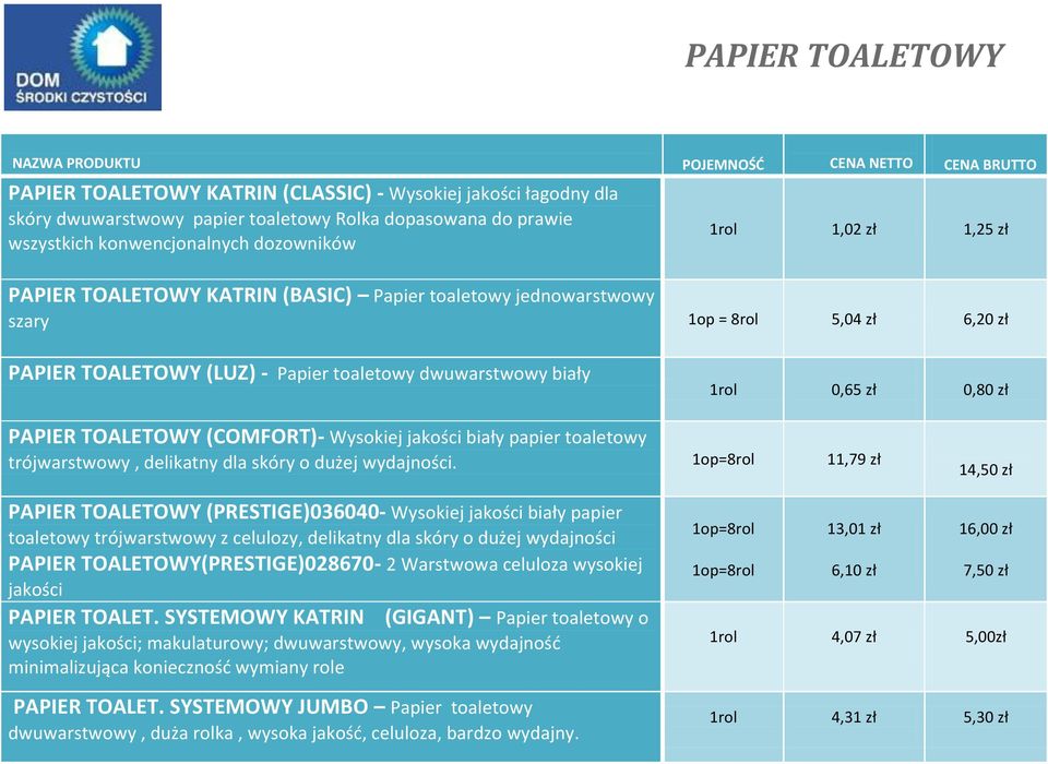 dwuwarstwowy biały 1rol 0,65 zł 0,80 zł PAPIER TOALETOWY (COMFORT)- Wysokiej jakości biały papier toaletowy trójwarstwowy, delikatny dla skóry o dużej wydajności.