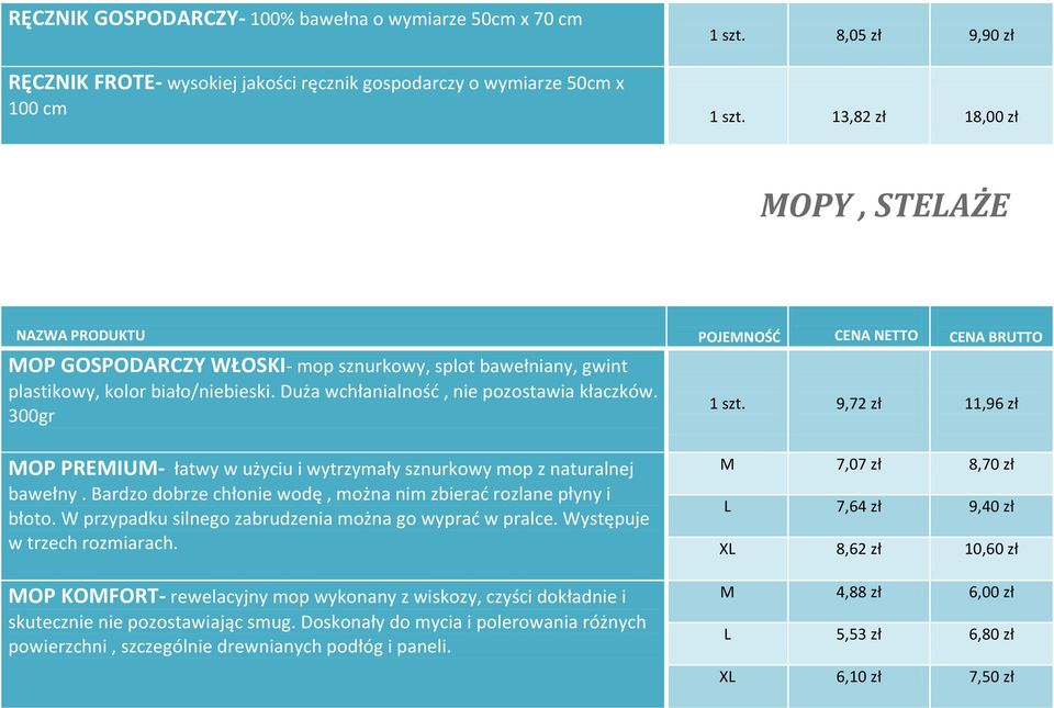 Duża wchłanialnośd, nie pozostawia kłaczków. 300gr 1 szt. 9,72 zł 11,96 zł MOP PREMIUM- łatwy w użyciu i wytrzymały sznurkowy mop z naturalnej bawełny.