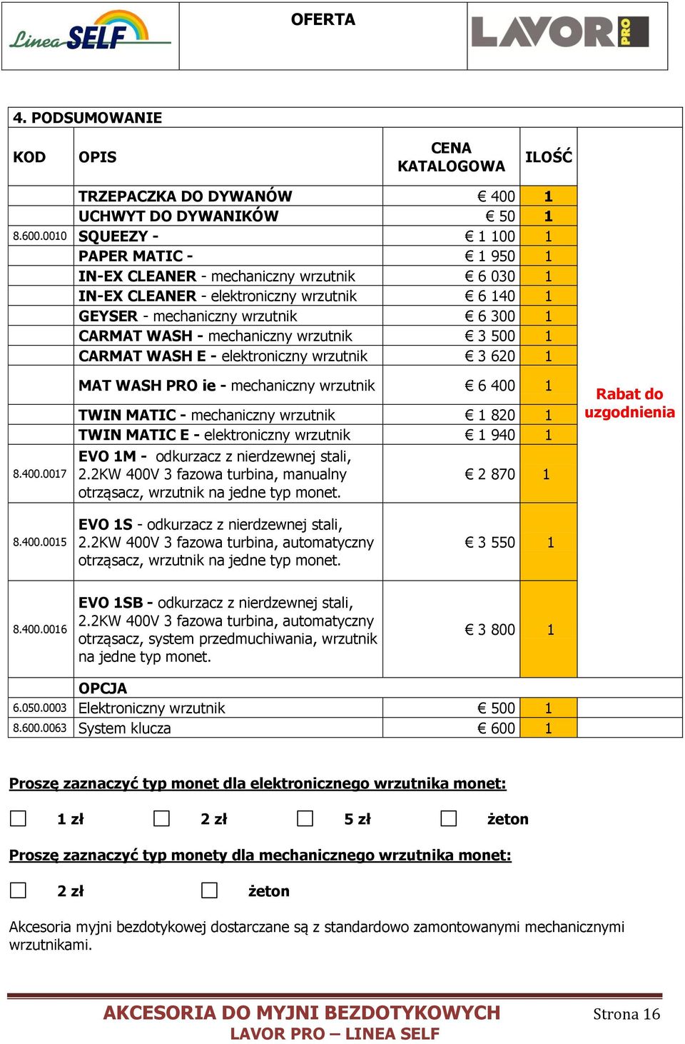 mechaniczny wrzutnik 3 500 1 CARMAT WASH E - elektroniczny wrzutnik 3 620 1 8.400.