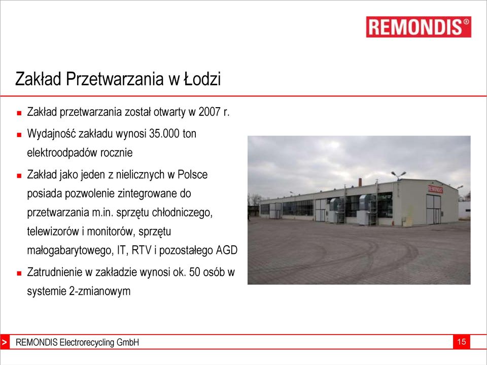 000 ton elektroodpadów rocznie Zakład jako jeden z nielicznych w Polsce posiada pozwolenie