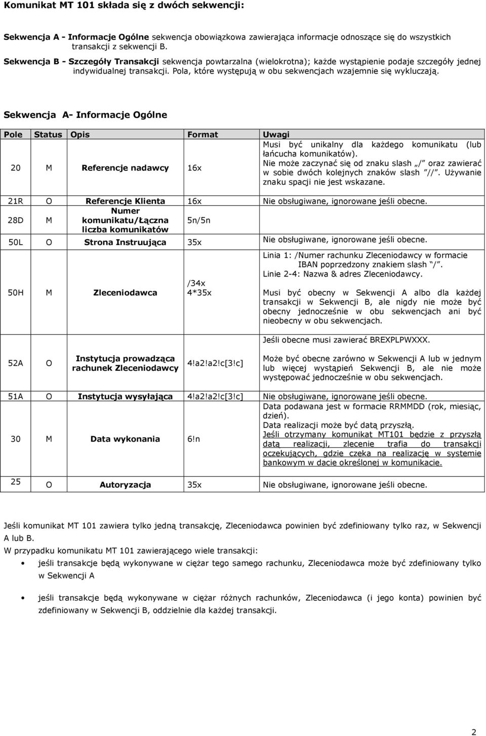 Pola, które występują w obu sekwencjach wzajemnie się wykluczają. Sekwencja A- Informacje gólne Pole Status pis Format Uwagi Musi być unikalny dla każdego komunikatu (lub łańcucha komunikatów).