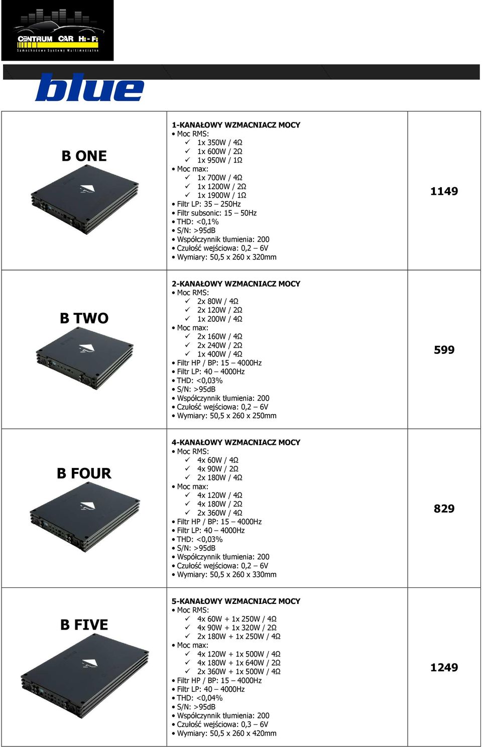 HP / BP: 15 4000Hz Filtr LP: 40 4000Hz THD: <0,03% Współczynnik tłumienia: 200 Czułość wejściowa: 0,2 6V Wymiary: 50,5 x 260 x 250mm 599 B FOUR 4-KANAŁOWY WZMACNIACZ MOCY 4x 60W / 4Ω 4x 90W / 2Ω 2x