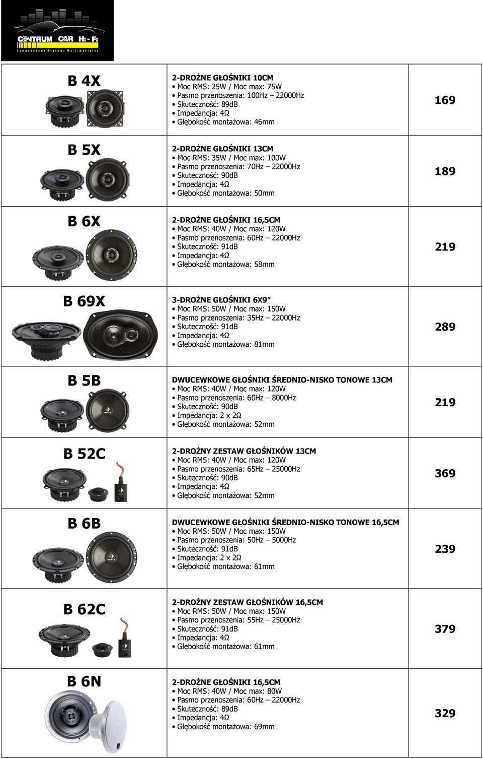 przenoszenia: 35Hz 22000Hz Głębokość montażowa: 81mm 289 B 5B B 52C B 6B DWUCEWKOWE GŁOŚNIKI ŚREDNIO-NISKO TONOWE 13CM 40W / Moc max: 120W Pasmo przenoszenia: 60Hz 8000Hz Głębokość montażowa: 52mm
