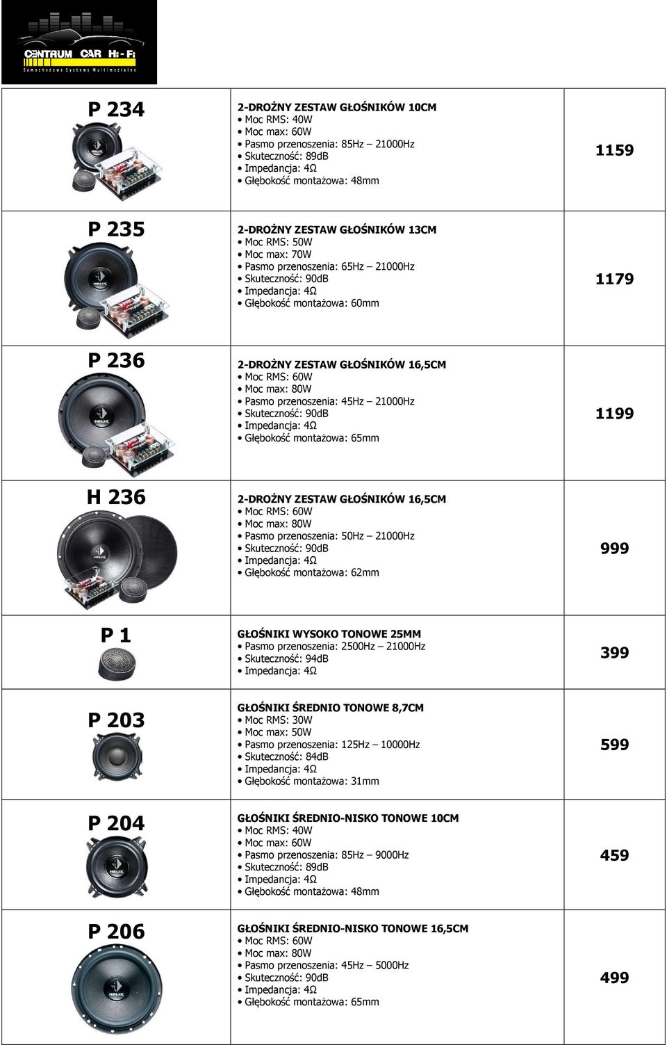 60W Moc max: 80W Pasmo przenoszenia: 50Hz 21000Hz Głębokość montażowa: 62mm 999 P 1 GŁOŚNIKI WYSOKO TONOWE 25MM Pasmo przenoszenia: 2500Hz 21000Hz Skuteczność: 94dB 399 P 203 P 204 P 206 GŁOŚNIKI