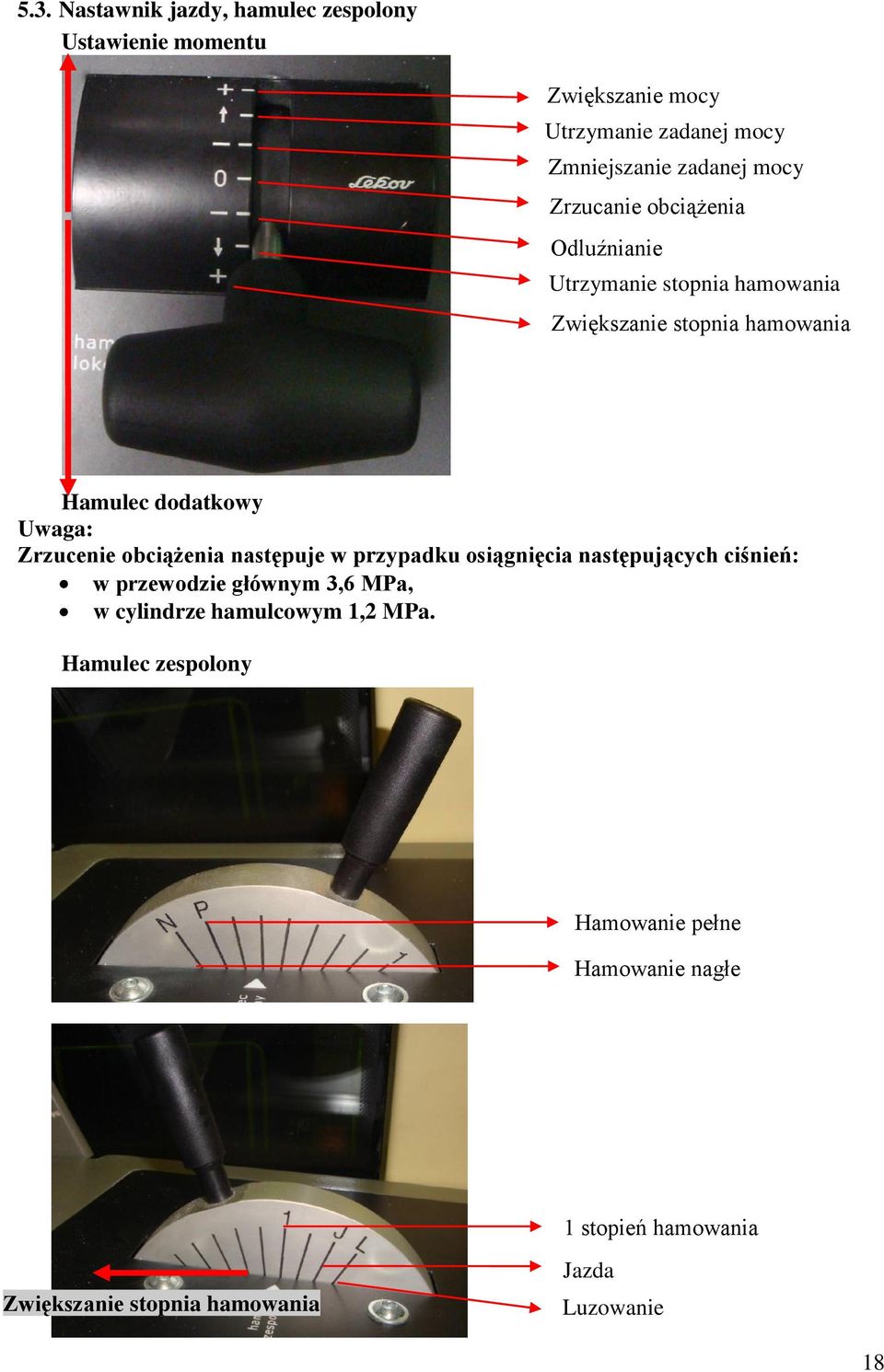 Zrzucenie obciążenia następuje w przypadku osiągnięcia następujących ciśnień: w przewodzie głównym 3,6 MPa, w cylindrze