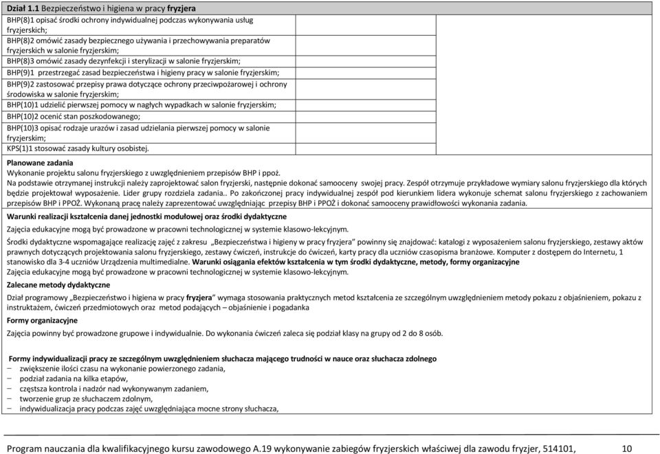 fryzjerskich w salonie fryzjerskim; BHP(8)3 omówić zasady dezynfekcji i sterylizacji w salonie fryzjerskim; BHP(9)1 przestrzegać zasad bezpieczeństwa i higieny pracy w salonie fryzjerskim; BHP(9)2