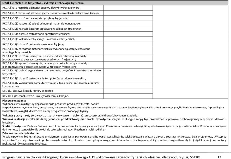 k)(10)2 rozpoznać odzież ochronną i materiały jednorazowe; PKZ(A.k)(10)3 rozróżnić aparaty stosowane w zabiegach fryzjerskich; PKZ(A.k)(10)4 określić zastosowanie sprzętu fryzjerskiego; PKZ(A.