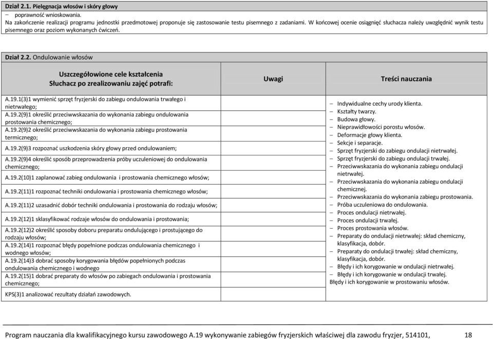 2. Ondulowanie włosów Uszczegółowione cele kształcenia Słuchacz po zrealizowaniu zajęć potrafi: A.19.1(3)1 wymienić sprzęt fryzjerski do zabiegu ondulowania trwałego i nietrwałego; A.19.2(9)1 określić przeciwwskazania do wykonania zabiegu ondulowania prostowania chemicznego; A.